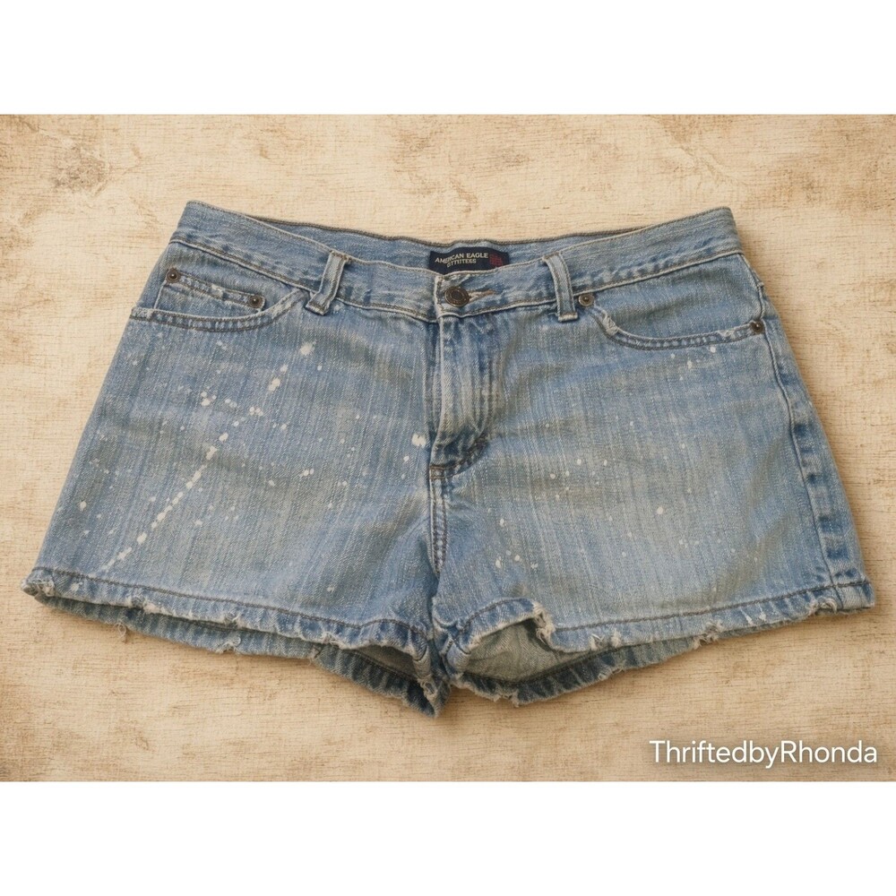 American Eagle Distressed Denim Shorts Light Wash Paint Splatter Ripped